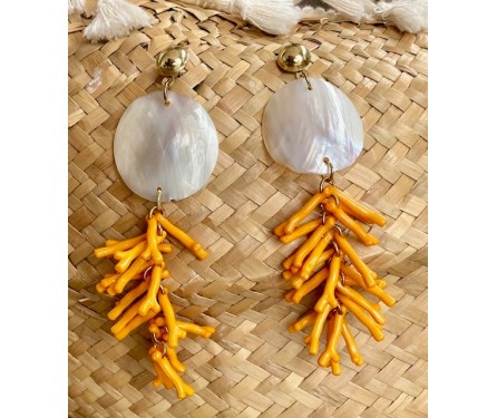 Boucles d'Oreilles Nacre et Corail Orange