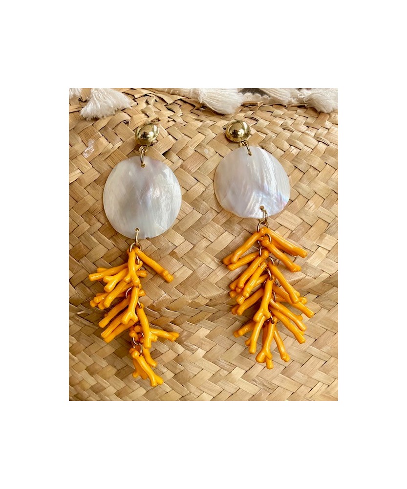 Boucles d'Oreilles Nacre et Corail Orange