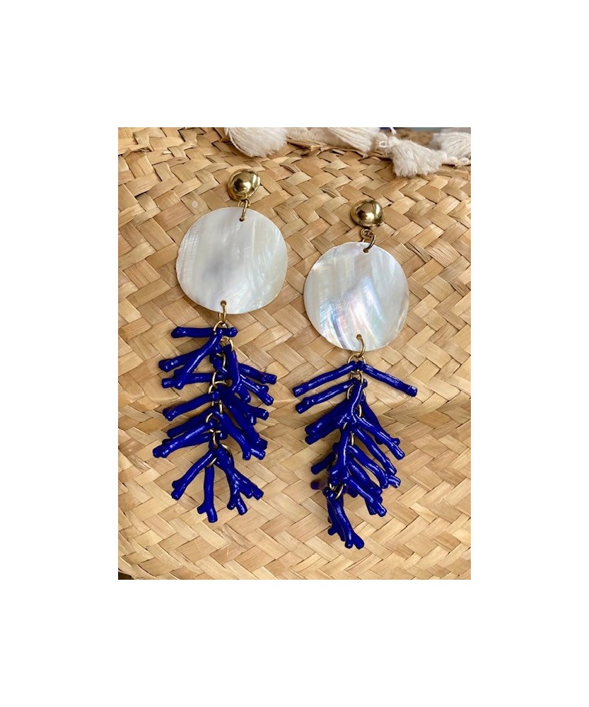 Boucles d'Oreilles Nacre et Corail Bleu