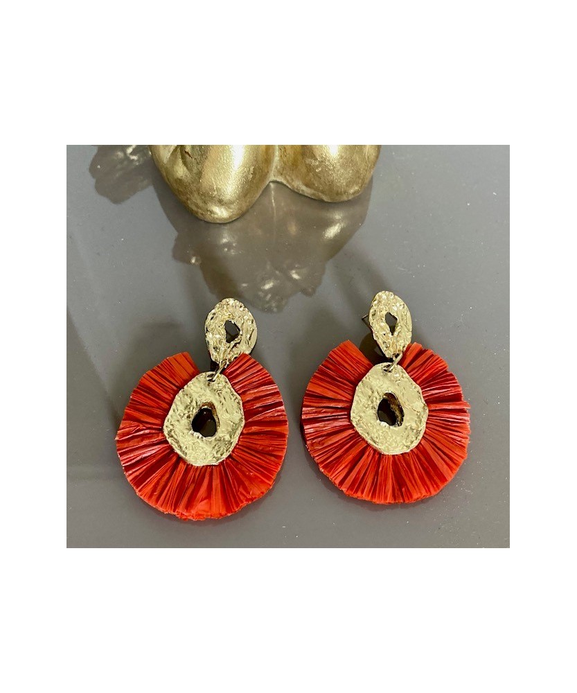 Boucles d'Oreilles Martelées et Raphia Orange foncé