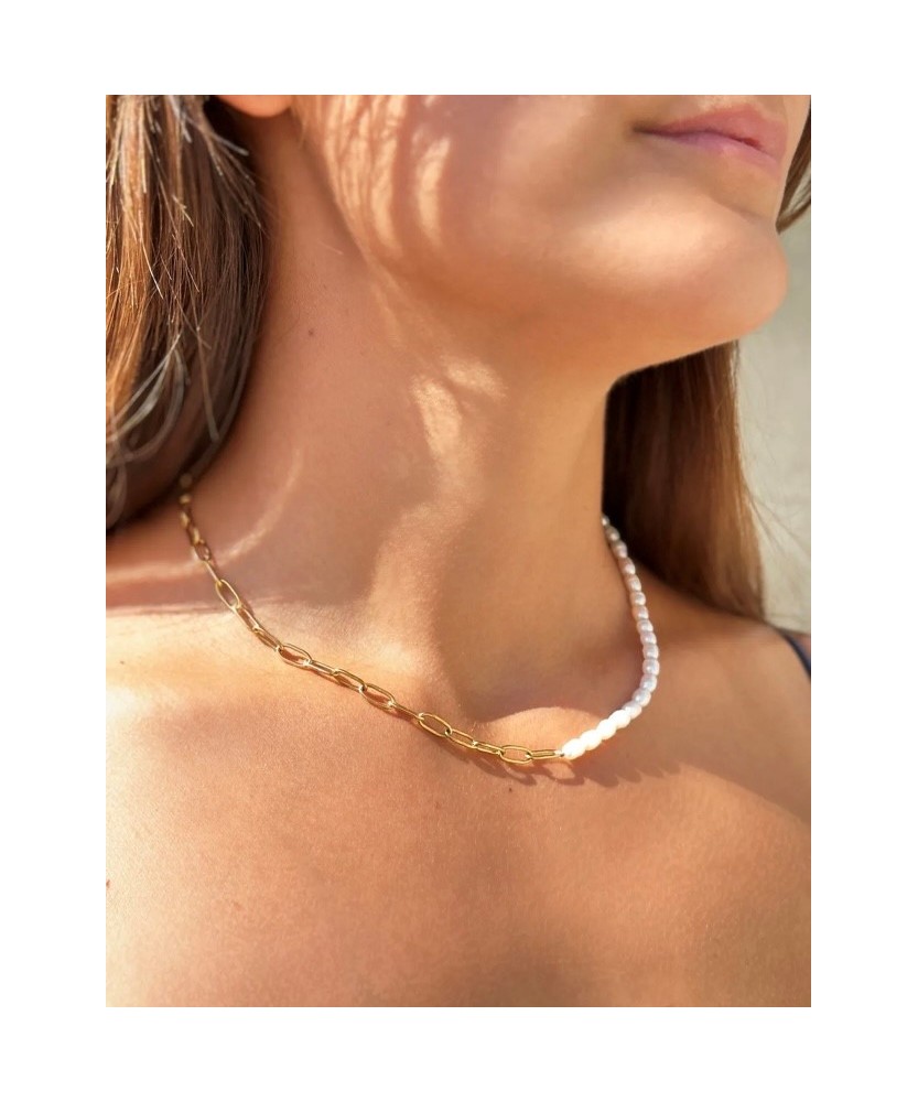 Collier Perle d'eau douce et Maille Acier