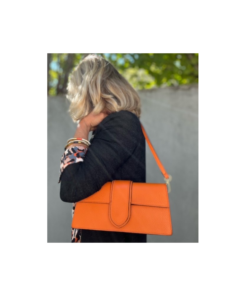 Sac Cuir Grainé Orange avec Bandoulières