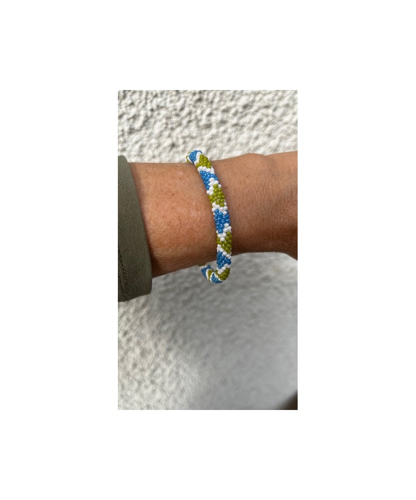 Bracelet Népalais Jacquard Bleu et Kaki