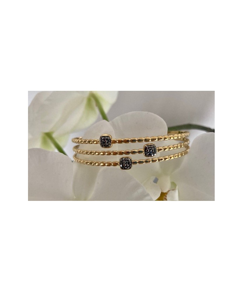 Bracelet Grains de Riz 3 Rangs et Carrés en strass Gris