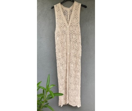 Gilet Long Beige en Crochet