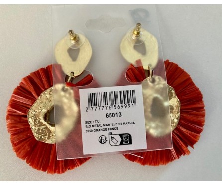 Boucles d'Oreilles Martelées et Raphia Orange foncé