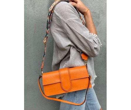 Sac Cuir Grainé Orange avec Bandoulières